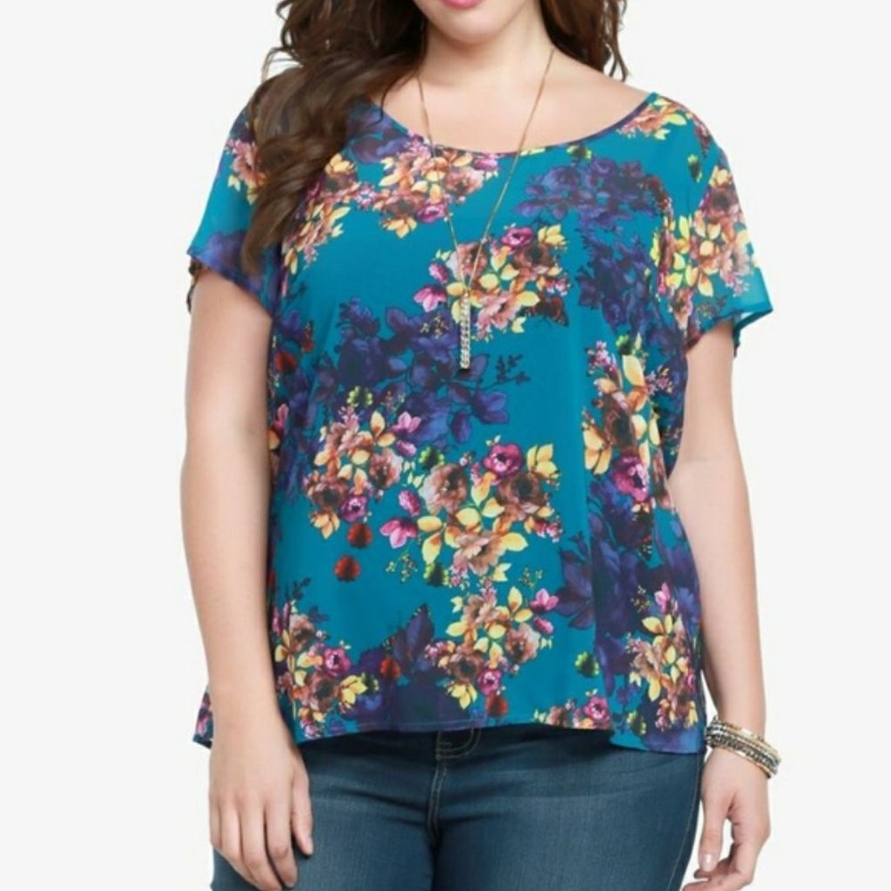 TORRID TEAL OPEN BACK SHEER FLORAL BLOUSE